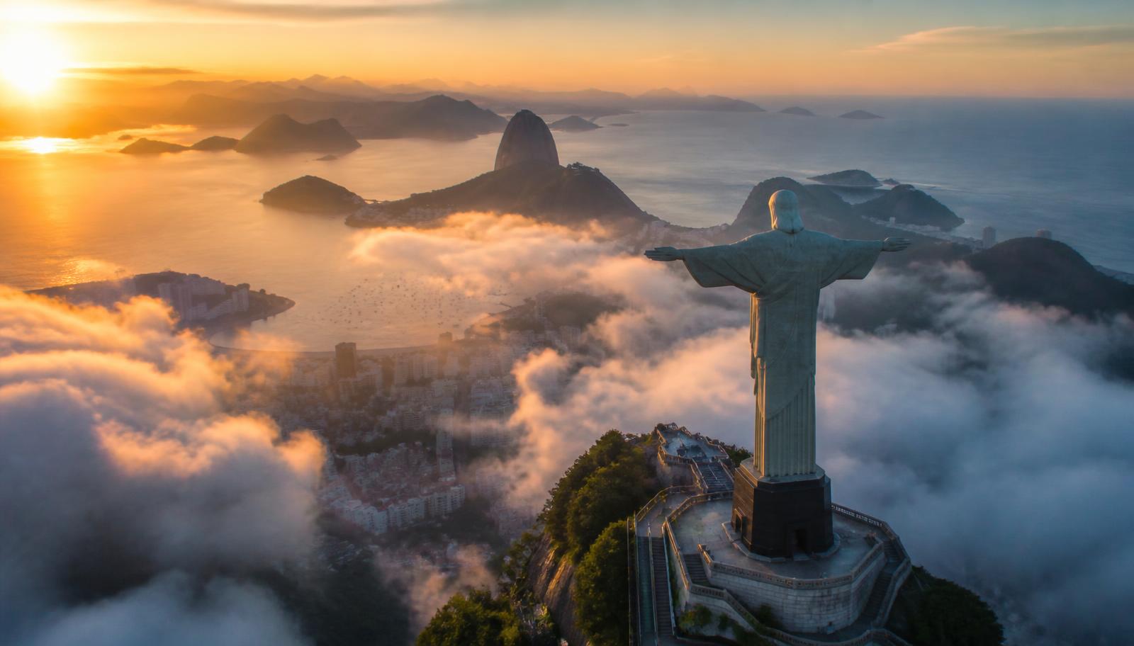 Aerial view of Christ the Redeemer and Rio de Janeiro from a helicopter